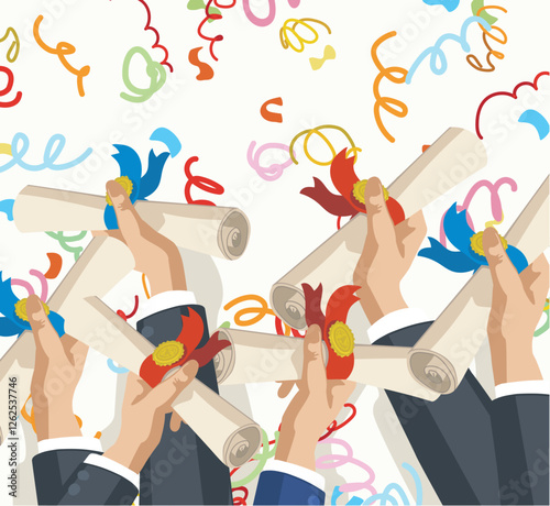hands holding diplom in the air graduation university celebration illustration graduate cap flat vector illustration
