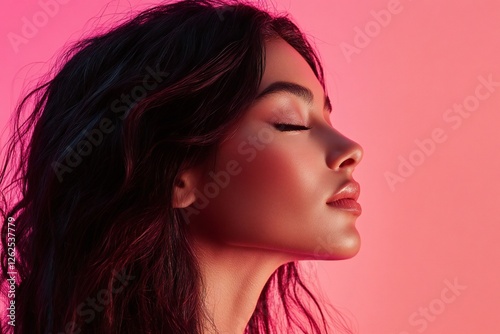 Portrait of a tranquil mexican american woman in profile, eyes closed, flowing hair, perfect makeup. Pink gradient background enhances her vibrant look