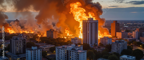 Cuadro en lienzo Destructive fire engulfing city buildings at sunset, urban tragedy