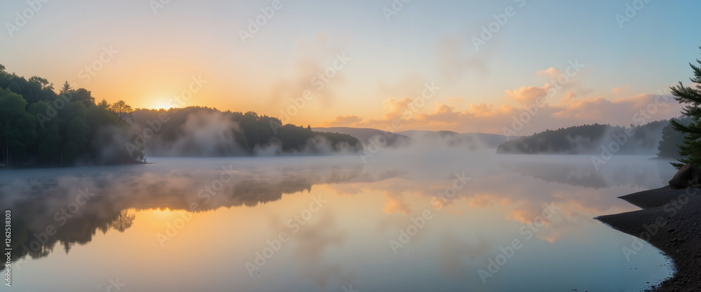 Tranquil river at dawn with misty fog, serene natural beauty Tranquil river at dawn with misty fog, serene natural beauty