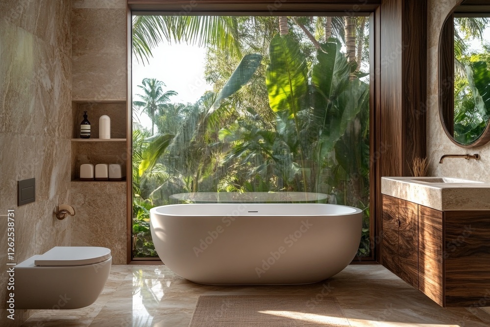 Fototapeta premium Luxurious bathroom with modern design and tropical views in a serene setting