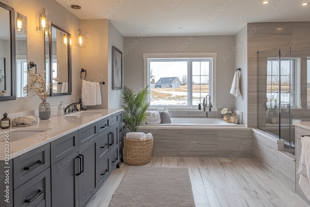 Fototapeta premium Modern bathroom design featuring stylish fixtures, large windows, and serene natural lighting in a peaceful setting