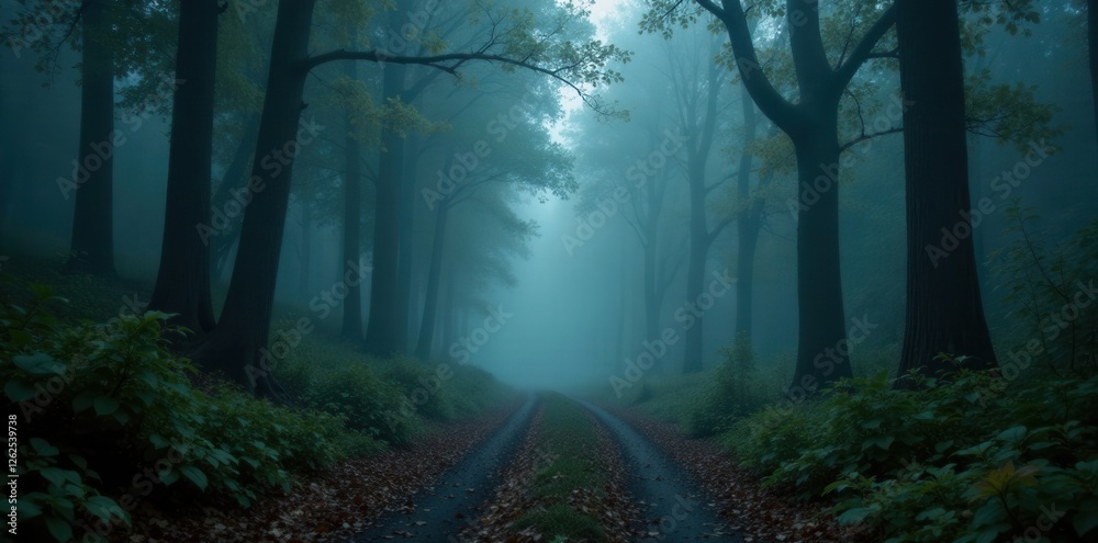 Fototapeta premium Gloomy forest path disappearing into dense fog , woods, grey, magical