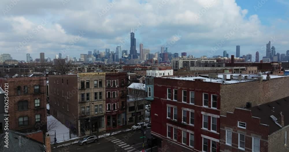 Establishing Aerial Flight Above Chicago's Pilsen Neighborhood on Winter Day Establishing Aerial Flight Above Chicago's Pilsen Neighborhood on Winter Day