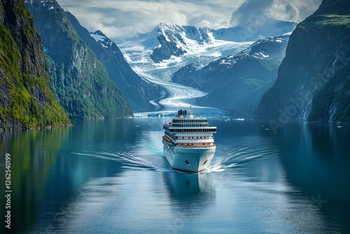 A cruise ship sailing through a scenic fjord with snow-capped mountains and a glacier in the background, reflecting on calm water

