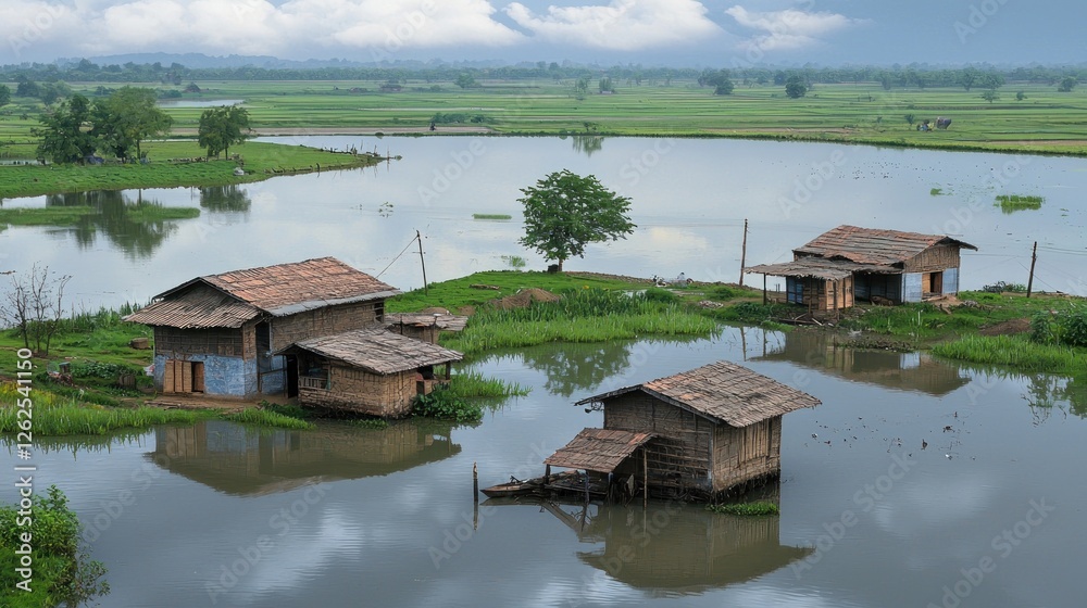 Obraz premium Rustic homes on stilts over flooded rice paddy fields, serene rural landscape