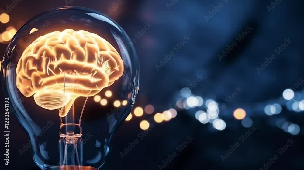 Glowing light bulb with a human brain inside, smart idea concept against a blurry blue digital background, loop video, 4k