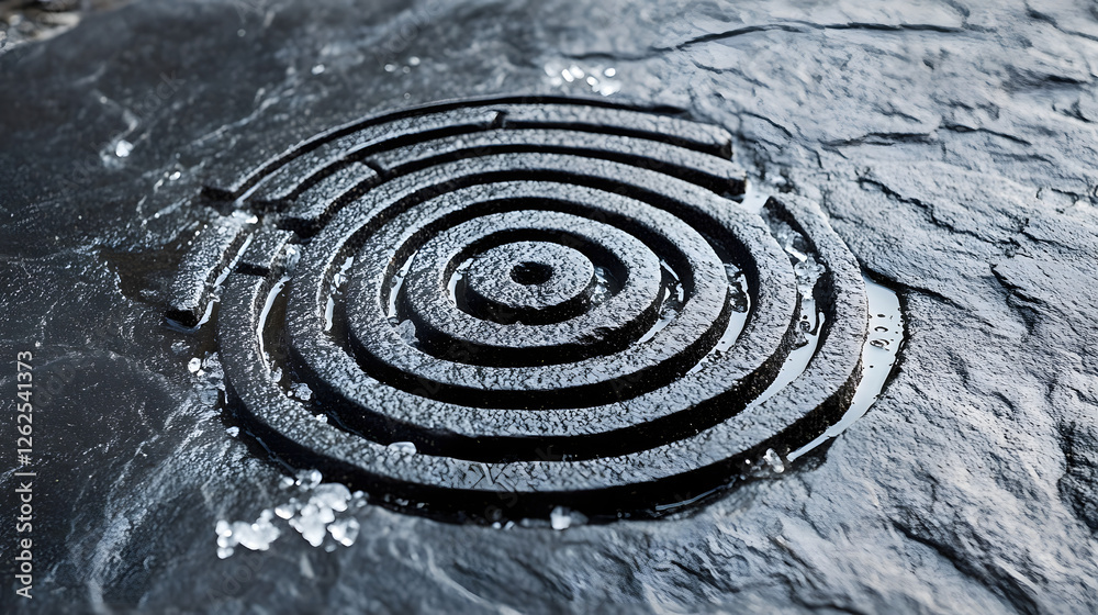 Salt grains forming a pattern on a black stone slab. Salt grains forming a pattern on a black stone slab.