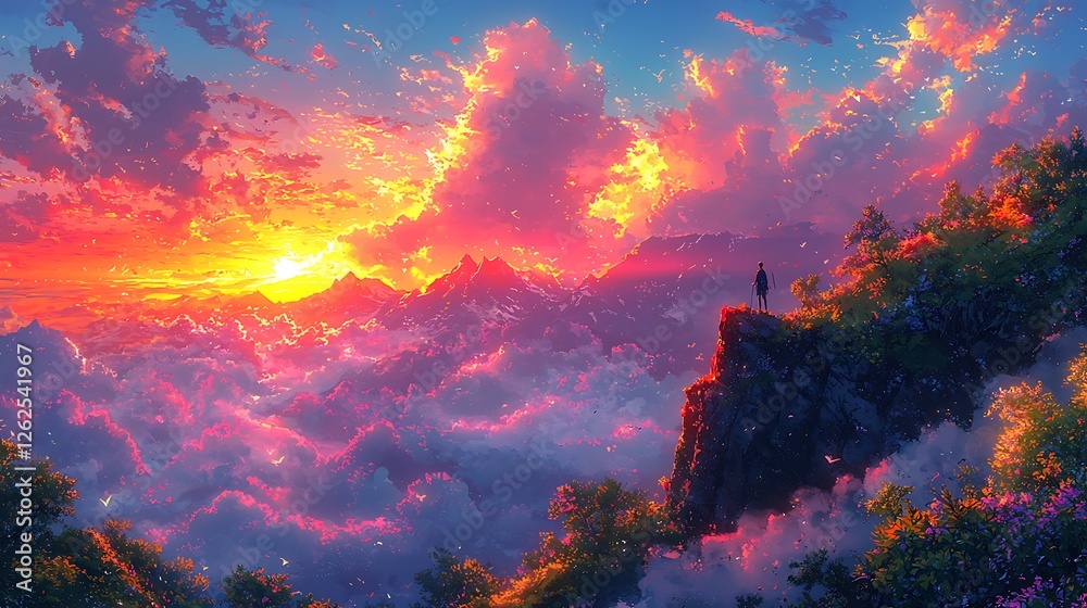 Atop the World: A lone figure stands on a cliff overlooking a breathtaking panorama of vibrant clouds and majestic mountains at sunset. The scene evokes a sense of solitude and awe. Atop the World: A lone figure stands on a cliff overlooking a breathtaking panorama of vibrant clouds and majestic mountains at sunset. The scene evokes a sense of solitude and awe.