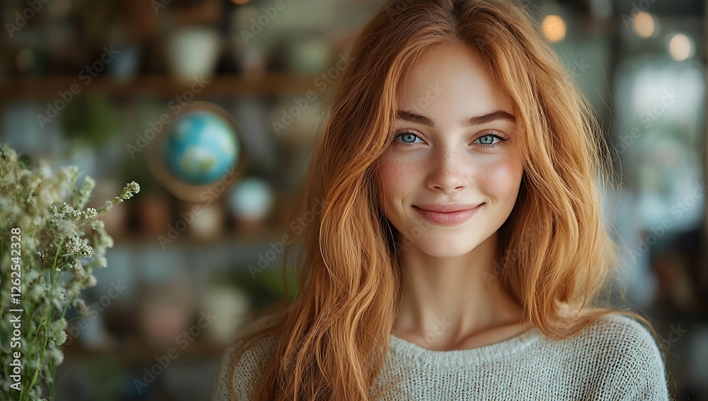 Obraz premium Woman with Wavy Red Hair in a Cozy Plant Filled Space