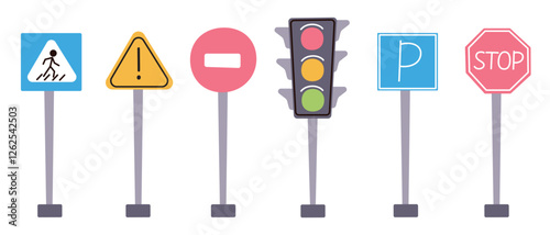 Vector illustration set of traffic signs and traffic light in flat cartoon style. Stop, parking, pedestrian, warning, and no entry signs, road safety and transportation themes, simple childish doodles