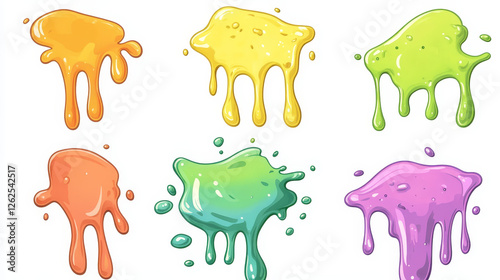 Cartoon colorful slime frames, splashes and blob drips, vector backgrounds. Green mucus slime borders with liquid drops and splats, color paint splatter with sticky texture and slime splash frames