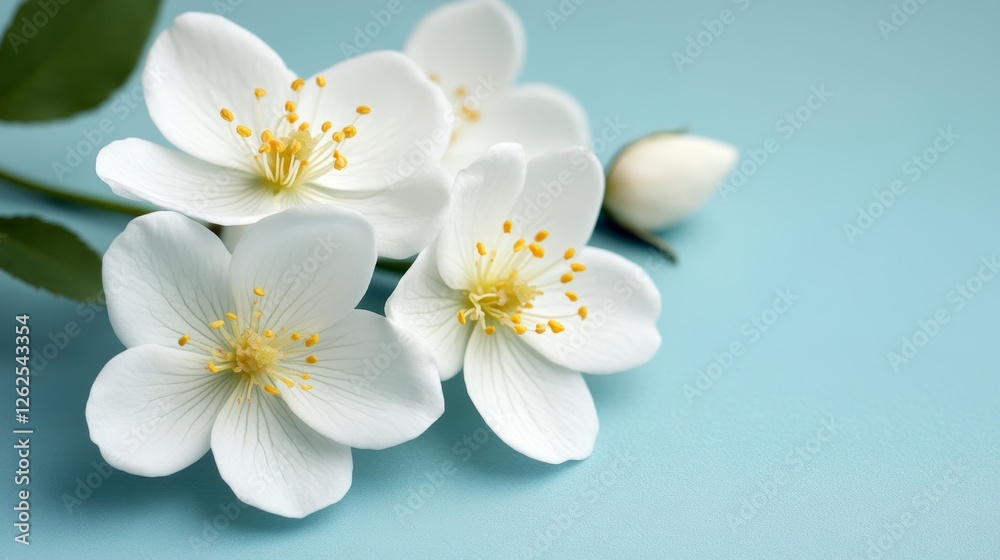 Delicate Delights Close-Up of Pristine White Jasmine Flowers on a Gentle Blue Backdrop Delicate Delights Close-Up of Pristine White Jasmine Flowers on a Gentle Blue Backdrop