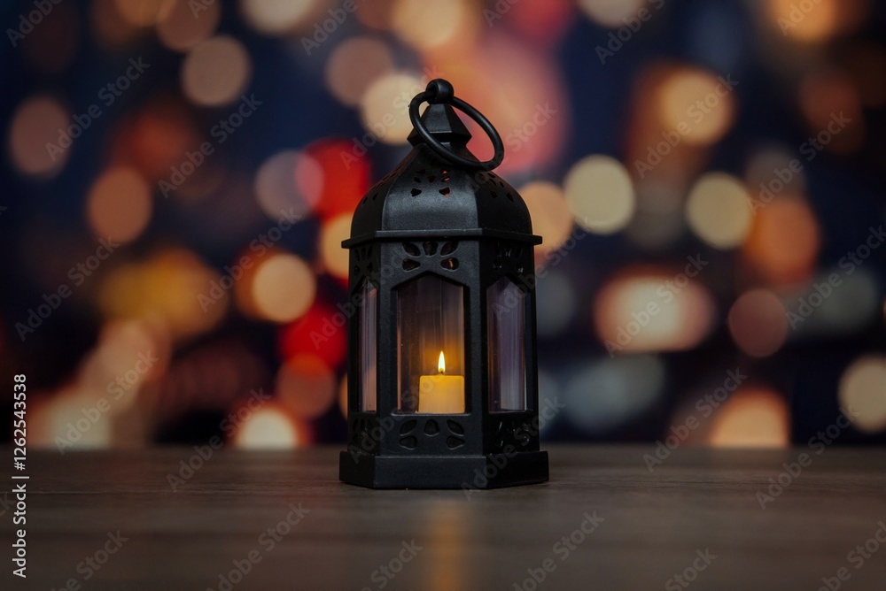 A black lantern with a lit candle inside against a bokeh background of warm lights. A black lantern with a lit candle inside against a bokeh background of warm lights.