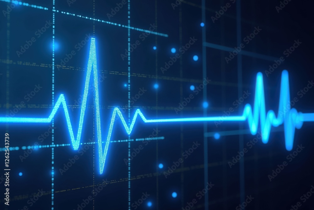 Fototapeta premium Visual Representation of Heartbeat and Vital Signs on a Monitored Digital Display in a Medical Context with Blue Neon Colors