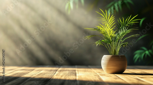 Indoor Oasis: Sunlight streams onto a potted plant on a wooden floor, creating a serene and inviting atmosphere of natural beauty photo