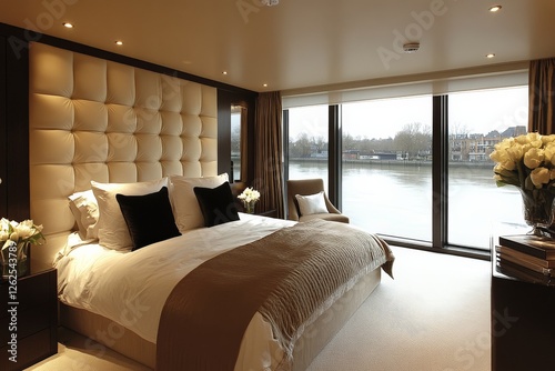 Luxurious riverside bedroom featuring elegant decor and stunning view of water and landscape at twilight