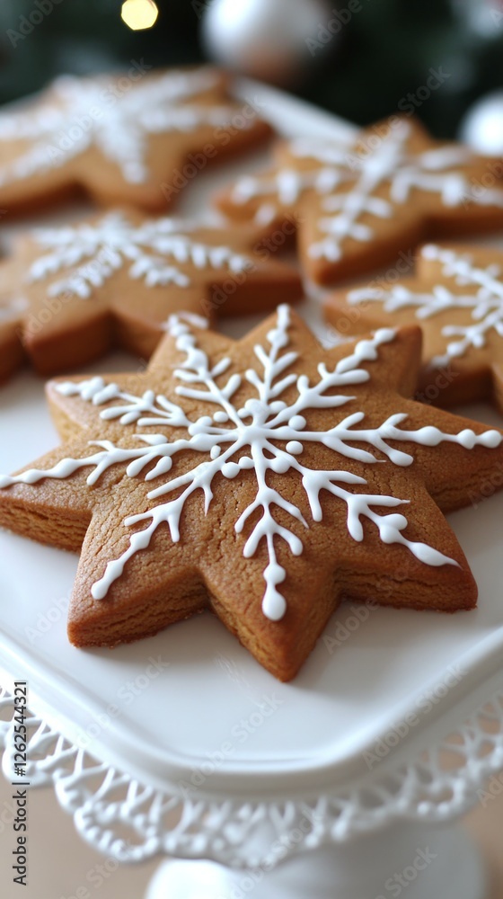 Intricate snowflake-shaped gingerbread cookies are elegantly decorated with white icing on a decorative platter, perfect for a festive gathering during winter Intricate snowflake-shaped gingerbread cookies are elegantly decorated with white icing on a decorative platter, perfect for a festive gathering during winter