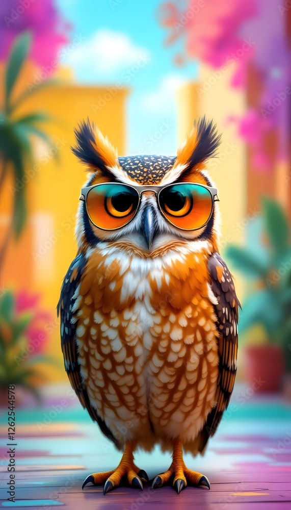 Obraz premium Cool Owl Wearing Sunglasses in Colorful Setting