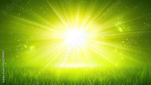 Bright Sunny Day over Lush Green Grass Field Peaceful Nature Scene