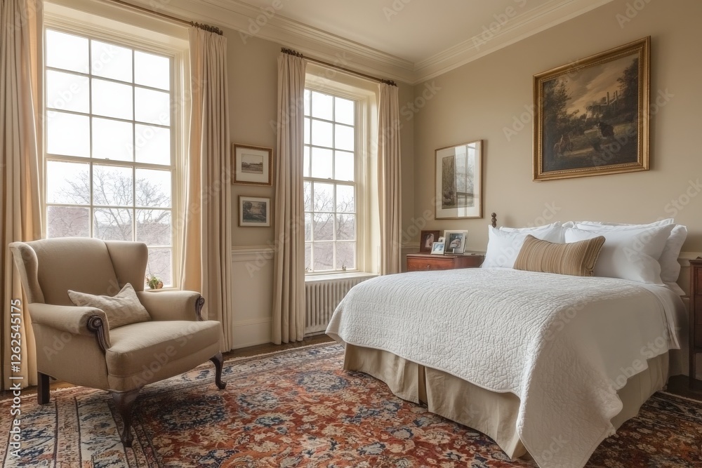 Fototapeta premium Cozy bedroom with large windows and elegant decor in a warm, inviting atmosphere