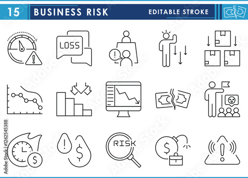 A set of line icons related to business risk. Risk, loss, disaster, dissolve, poor leadership, market crash, low product, and so on. Vector editable stroke.
