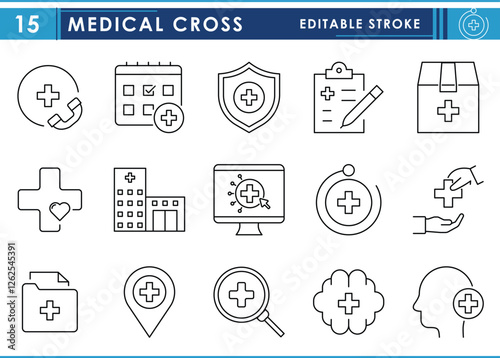 A set of line icons related to Medical Cross Symbols. Document, hospital, call, package, health equipment, tech, and so on. Vector editable stroke.