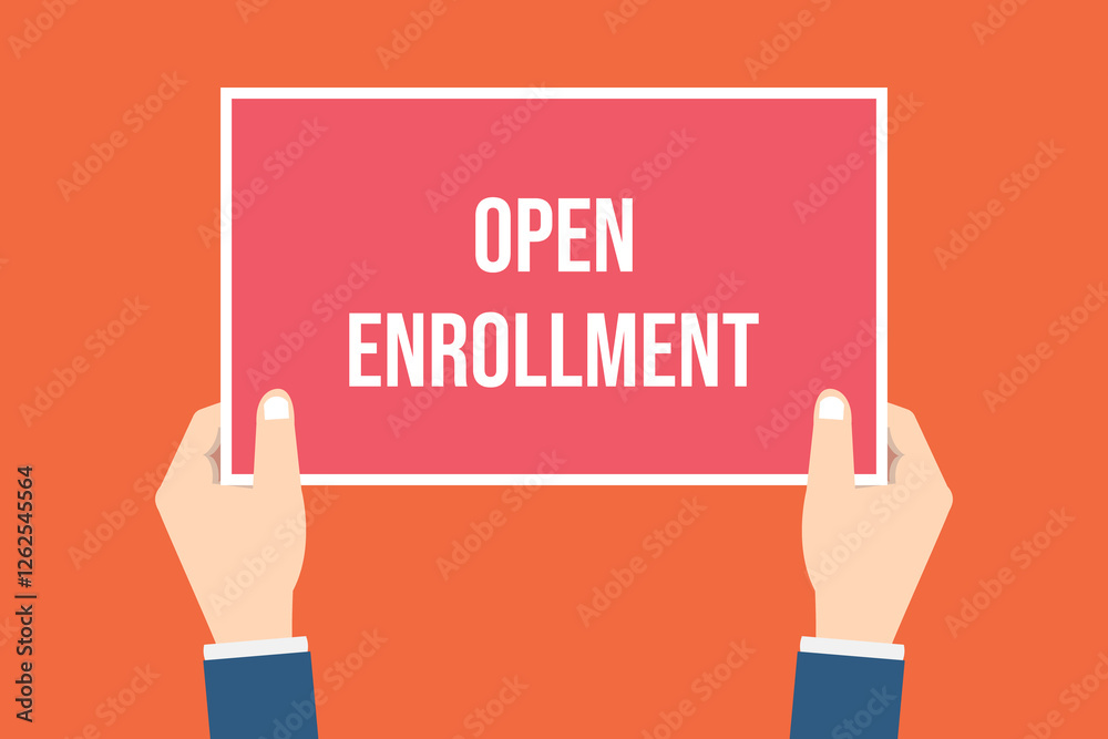 The human hands holds a open enrollment sign The human hands holds a open enrollment sign