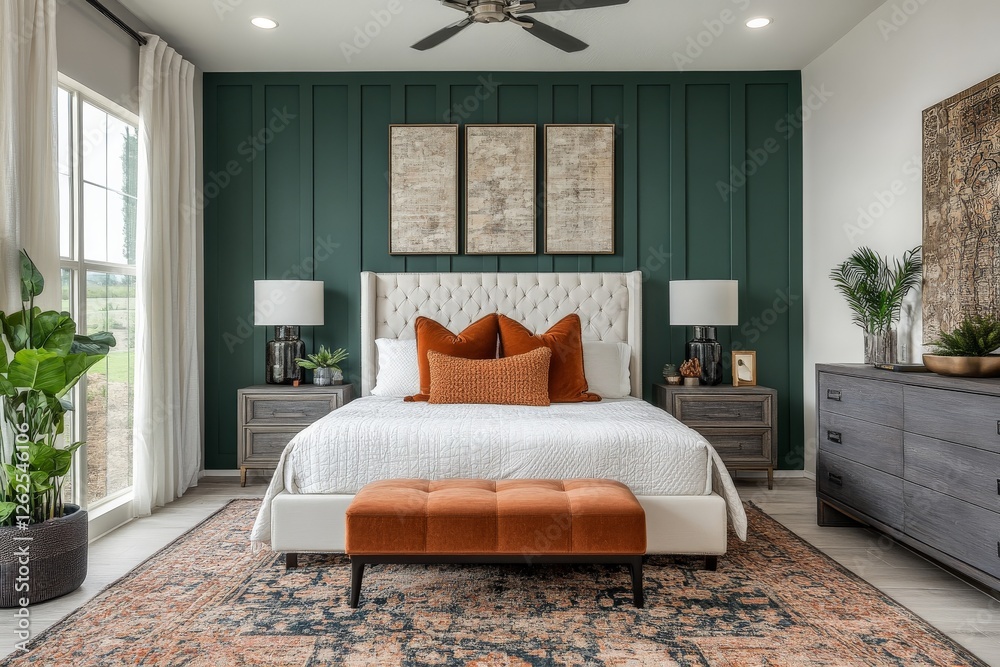 Fototapeta premium Modern bedroom featuring a green accent wall and stylish decor in a cozy, inviting atmosphere