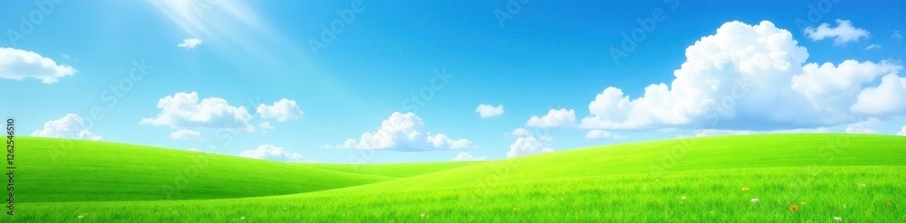 Lush green meadow, vibrant blue sky, fluffy white clouds Summer's day , ecology, day, outdoor Lush green meadow, vibrant blue sky, fluffy white clouds Summer's day , ecology, day, outdoor
