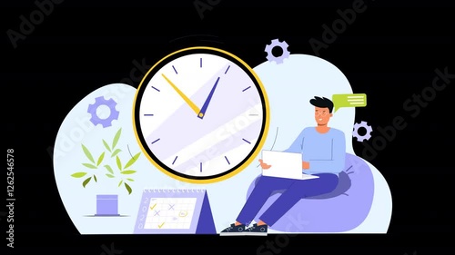 Vector character animation showing characters utilizing time management strategies, like setting goals, scheduling tasks, and staying organized to improve efficiency and productivity in daily work.
