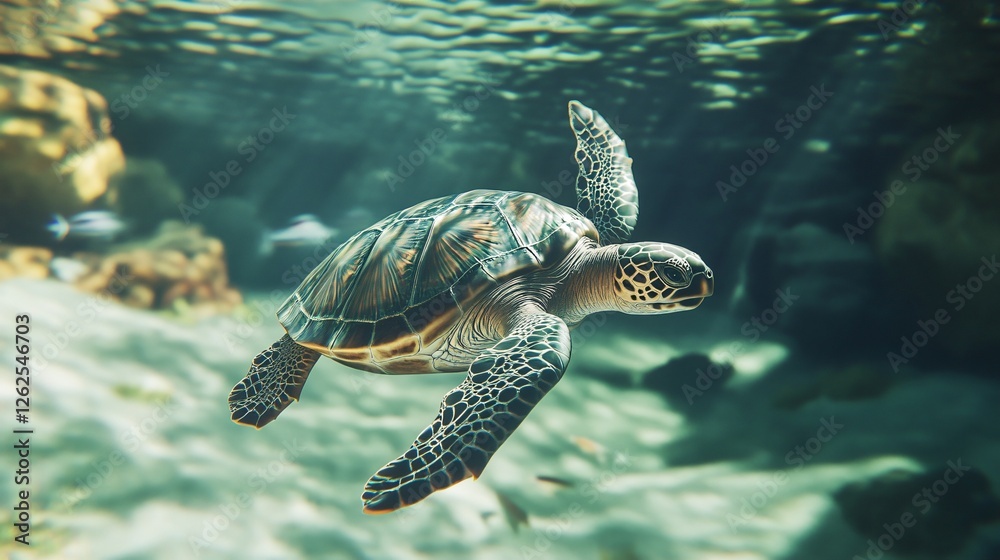 Fototapeta premium Sea Turtle Swimming in Pristine Turquoise Waters
