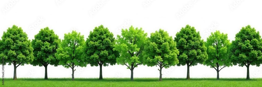 Lush green trees in a neat row against a bright white sky , backdrop, fresh Lush green trees in a neat row against a bright white sky , backdrop, fresh