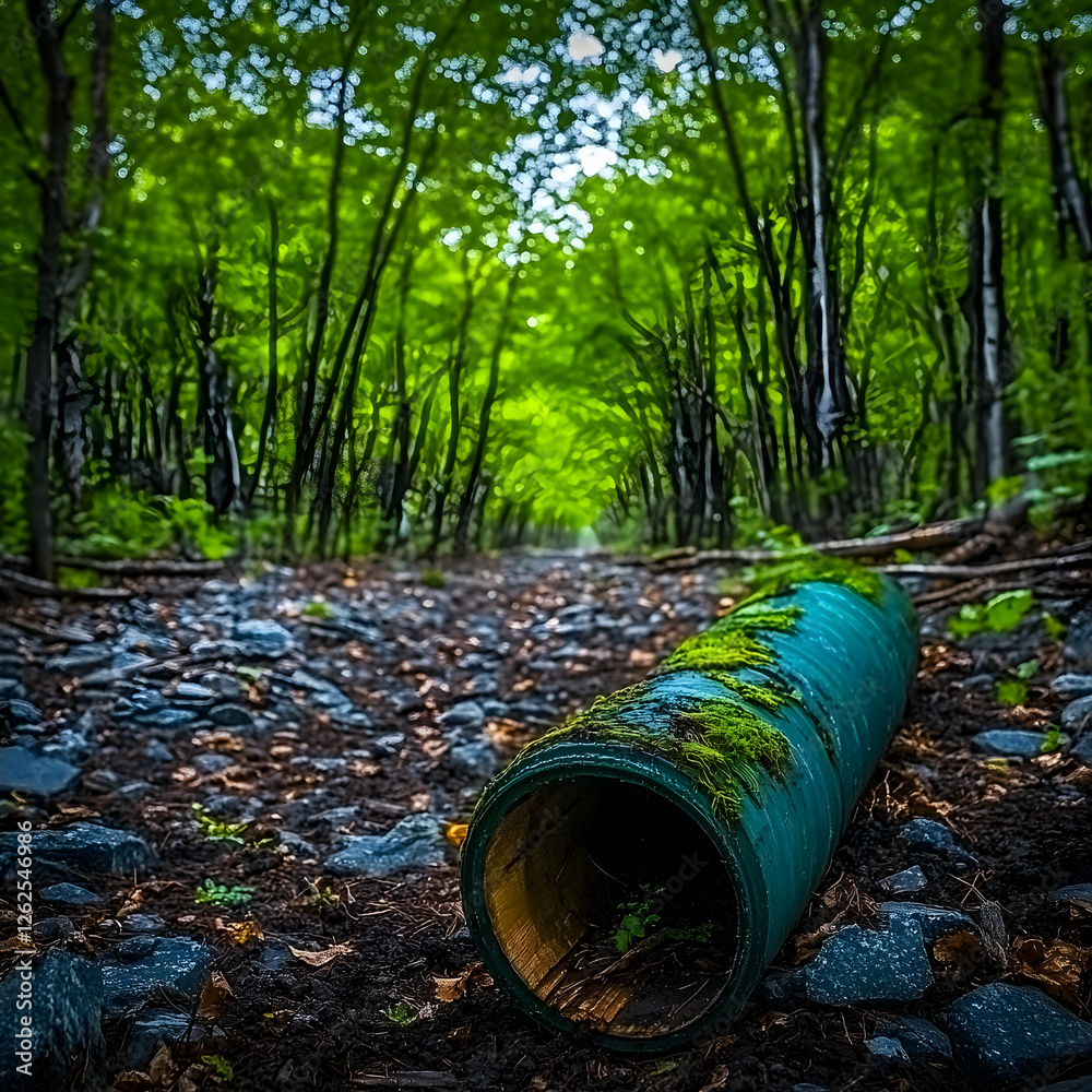 Mossy pipe in forest path; lush green trees create tunnel effect; background shows more forest. Use Environmental, nature, decay, industrial Mossy pipe in forest path; lush green trees create tunnel effect; background shows more forest. Use Environmental, nature, decay, industrial