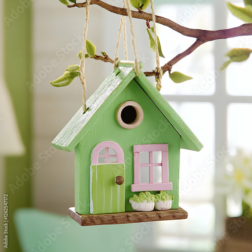 Miniature green birdhouse hanging from branch, spring decor, home interior background, craft project photo