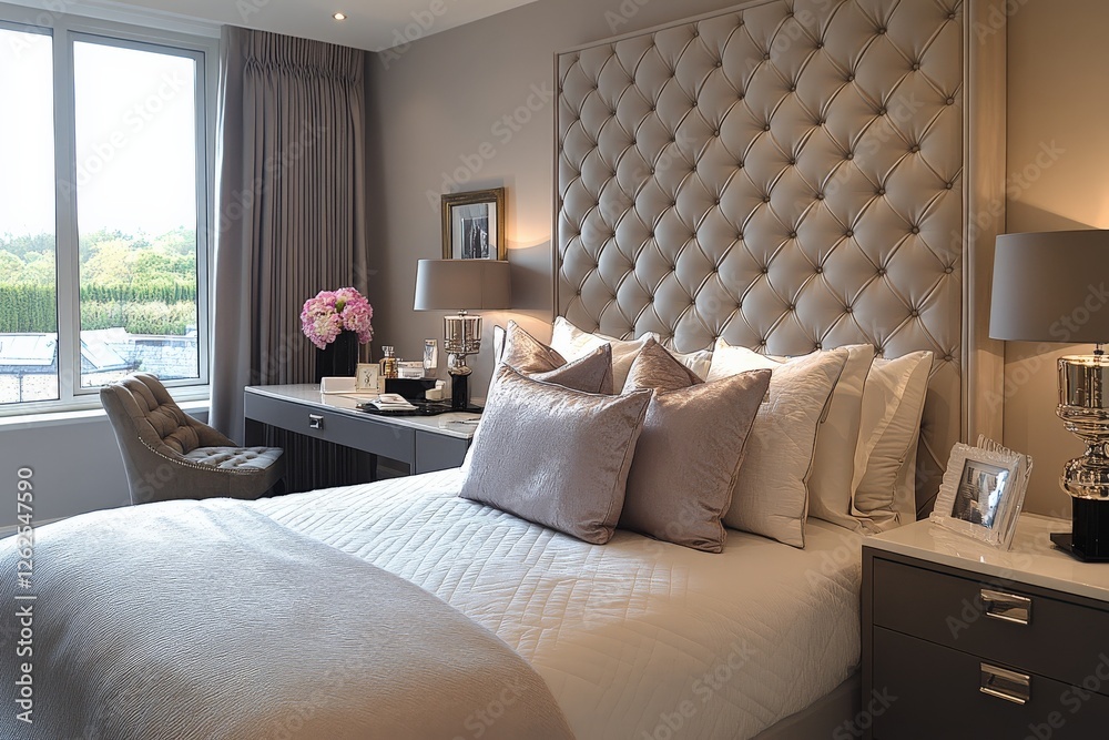 Fototapeta premium Stylish modern bedroom with elegant decor and natural light in a luxurious home setting