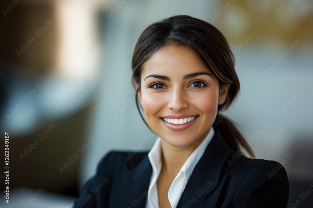 Close-Up Portrait of a Confident Young Hispanic Businesswoman Smiling at the Camera in a Corporate Office Setting Close-Up Portrait of a Confident Young Hispanic Businesswoman Smiling at the Camera in a Corporate Office Setting