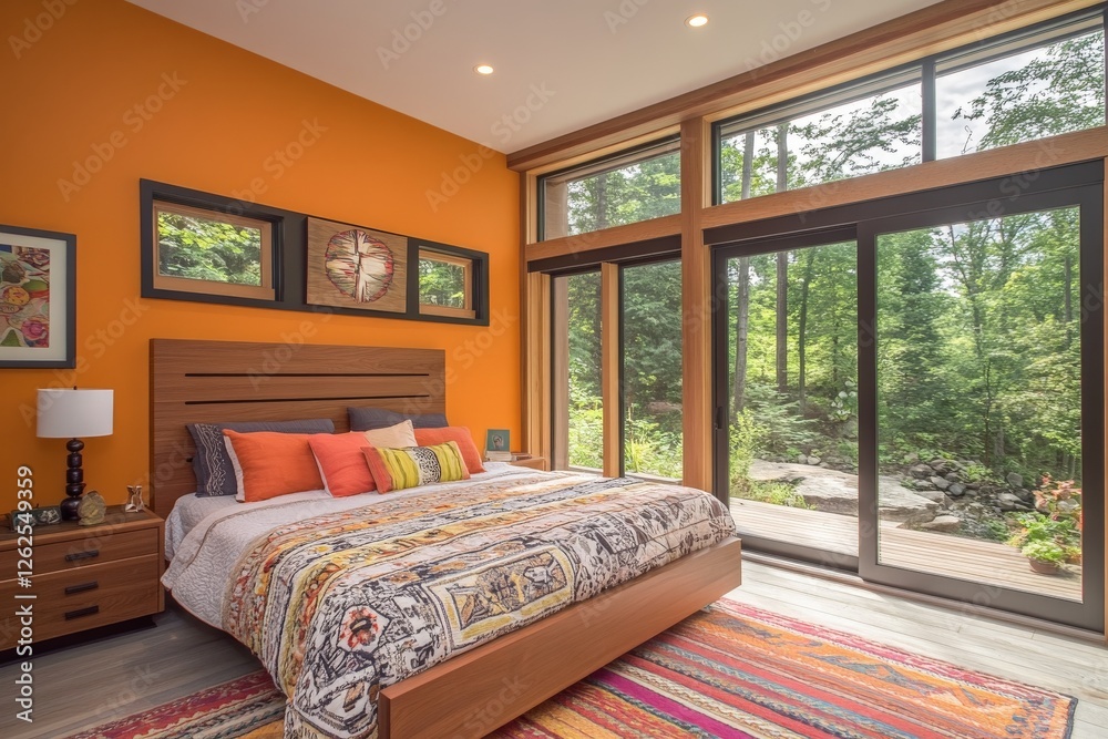 Fototapeta premium Cozy bedroom with large windows and vibrant orange wall overlooking lush greenery in a modern home