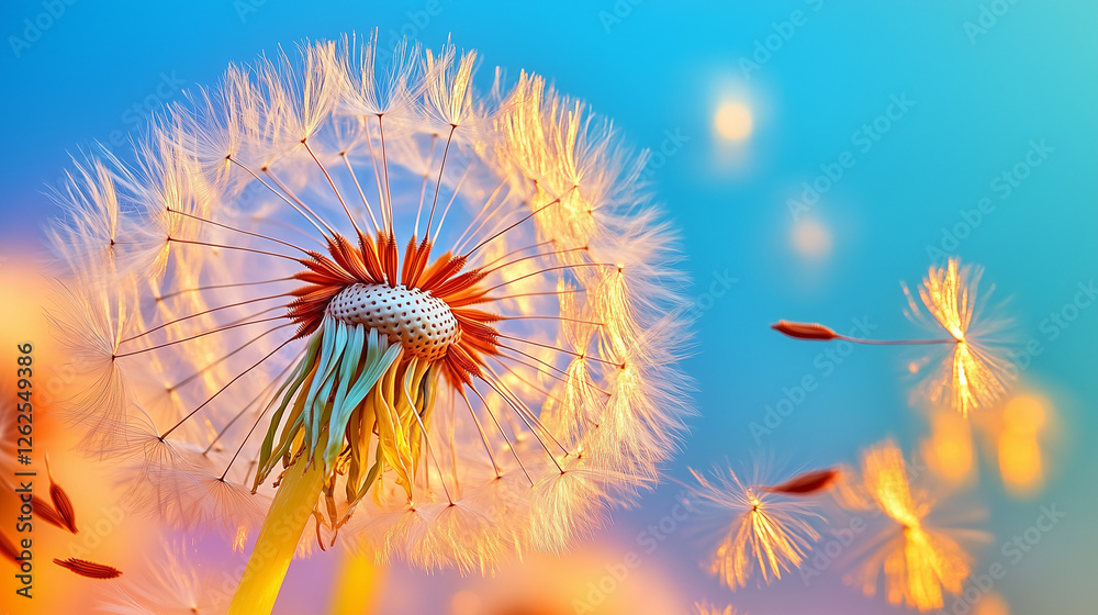 Delicate dandelion fluff dispersing in soft sunset light, nature's beauty Delicate dandelion fluff dispersing in soft sunset light, nature's beauty