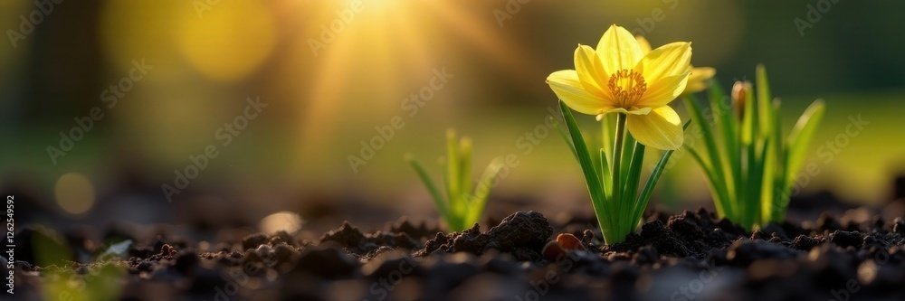 New daffodil shoots emerge from dark earth, sunlit tips , bulb, nature photography New daffodil shoots emerge from dark earth, sunlit tips , bulb, nature photography