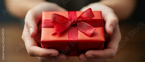 Hands holding a beautifully wrapped red gift box with a ribbon, symbolizing the joy of giving during a festive occasion or celebration among loved ones