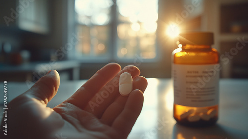 Hand holding antihistamine pill near sunlit bottle, allergy relief photo