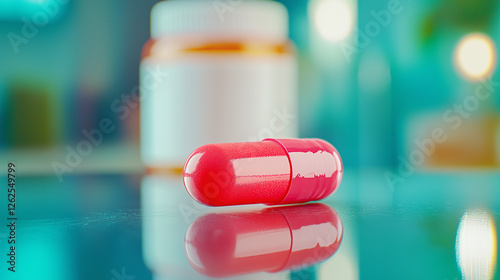 Bright antihistamine pill on reflective surface, allergy relief concept