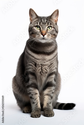 A cat sitting on white background looking at the camera.