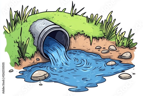 Illustration of a Wastewater Drain Pipe Discharging Into a Stream