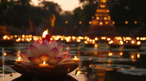 Jainism religion icon, Mahavir Javanti festival emblems. Vector lotus flower, jain ahimsa symbol and lamps, sacred trident, eternal knot sign and Kirti Stambha tower, scented sticks, holiday meals