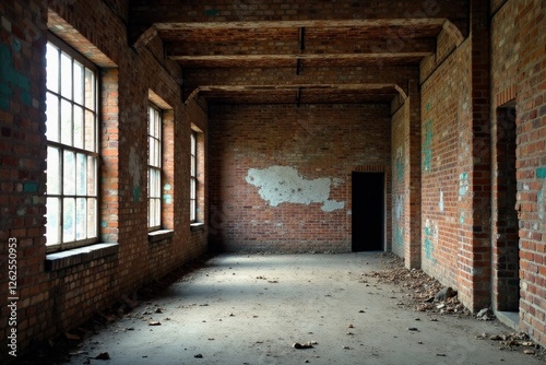 Overgrown brick warehouse, weathered walls, peeling paint, industrial, site, historical