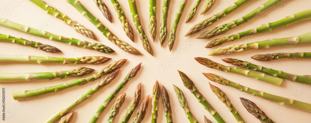 Artistic composition of asparagus tips arranged circular pattern, showcasing their vibrant green color and unique textures. This visually appealing display highlights freshness and natural beauty Artistic composition of asparagus tips arranged circular pattern, showcasing their vibrant green color and unique textures. This visually appealing display highlights freshness and natural beauty
