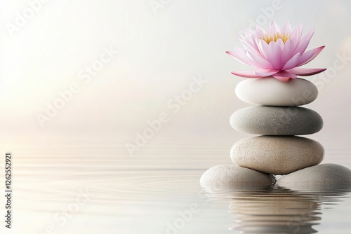 Serene Stacked Stones with Lotus Flower on Calm Water Surface