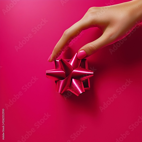 Woman's hand holding gift bow on vibrant pink background. Potential use Gift wrapping, beauty, celebrations photo